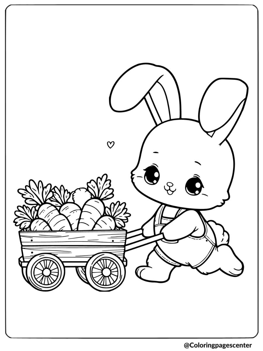 Adorable bunny pushing a cart full of carrots coloring page