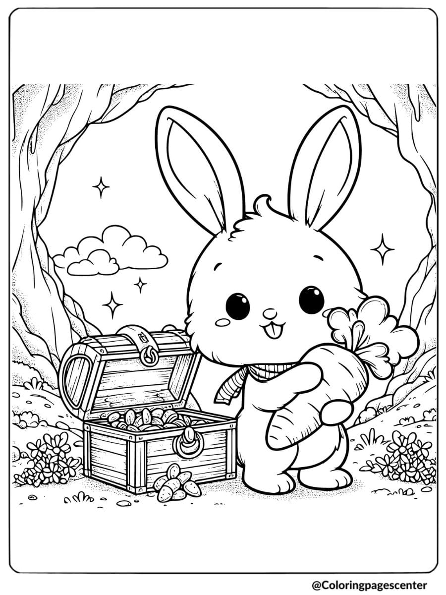 Bunny holding a carrot next to a treasure chest coloring page