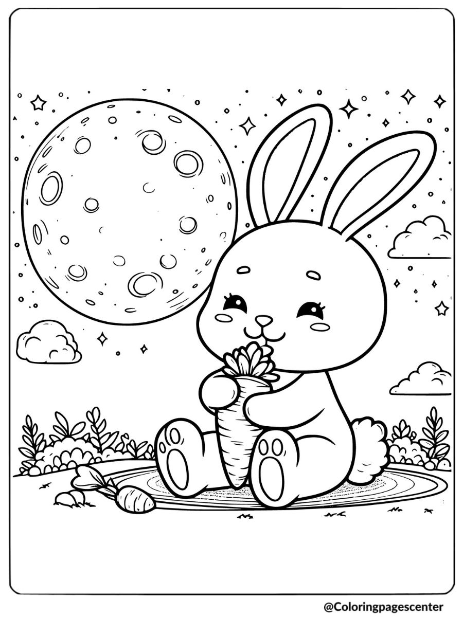 Bunny sitting under a full moon holding a carrot coloring page