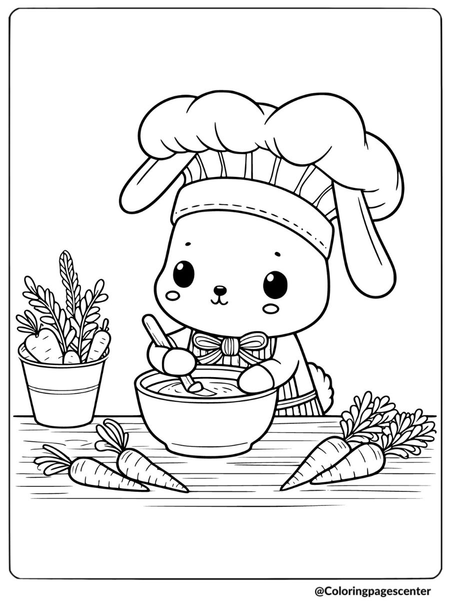 Little chef bunny making carrot soup in a bowl coloring page