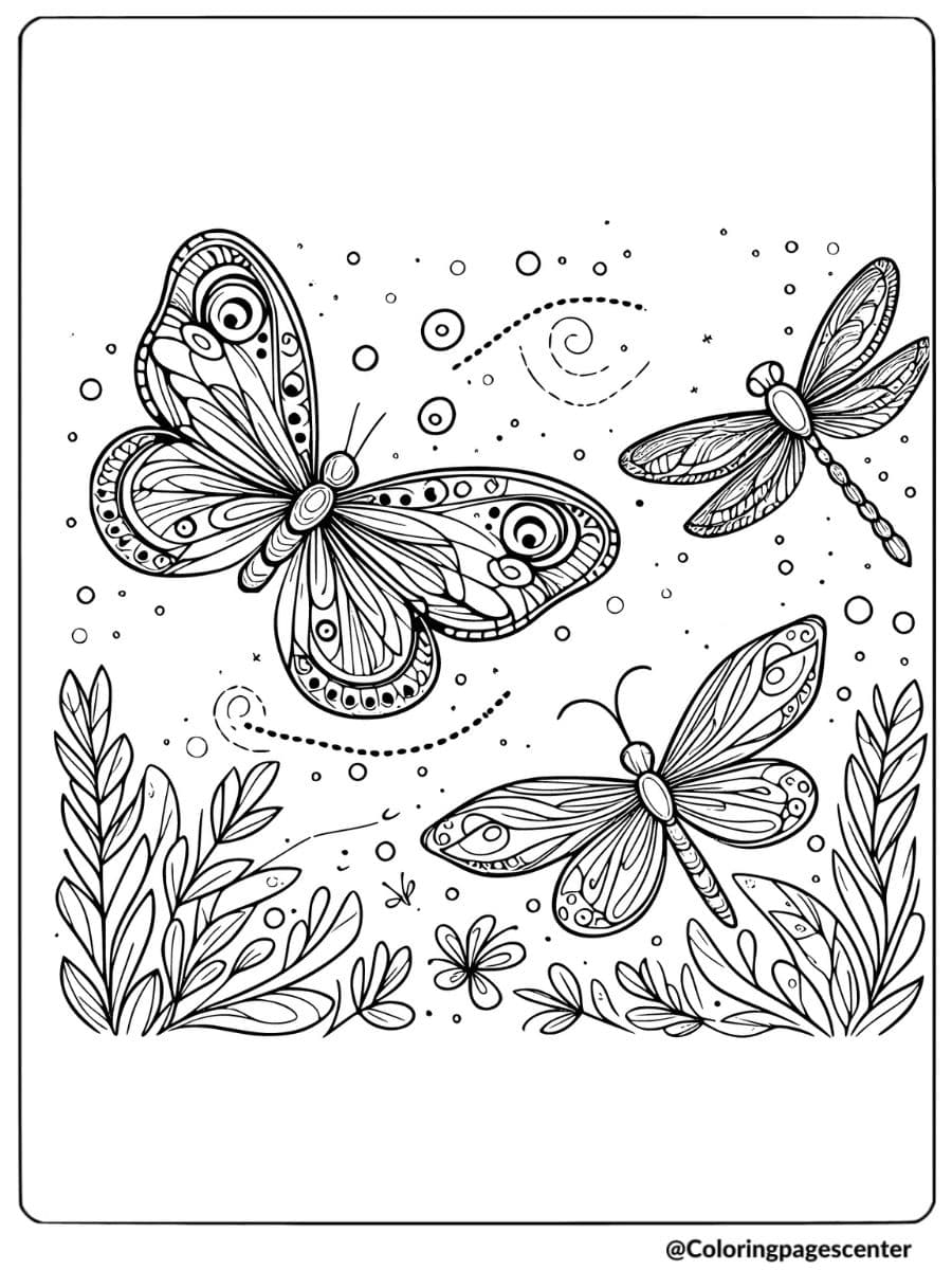 Detailed butterfly and dragonfly coloring page