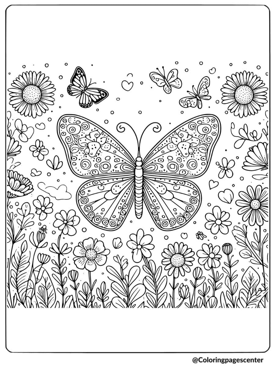 Butterfly flying above flowers coloring page