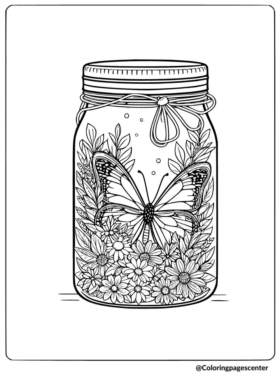 Butterfly inside a jar filled with flowers coloring page