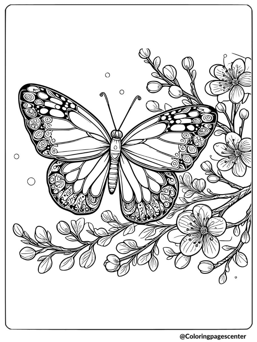 Butterfly sitting on a branch with flowers coloring page