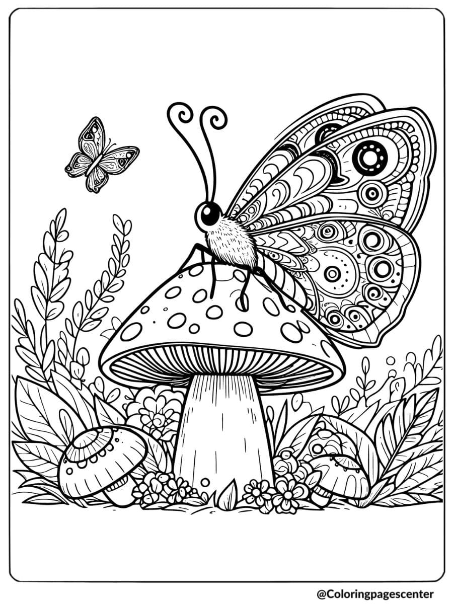 Butterfly sitting on a mushroom coloring page