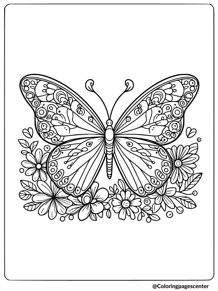 Butterfly and floral elements coloring page