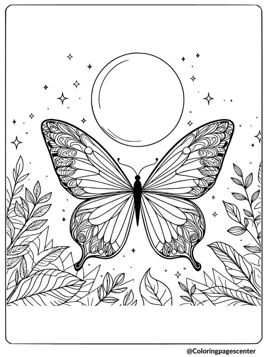 Butterfly under the moon coloring page