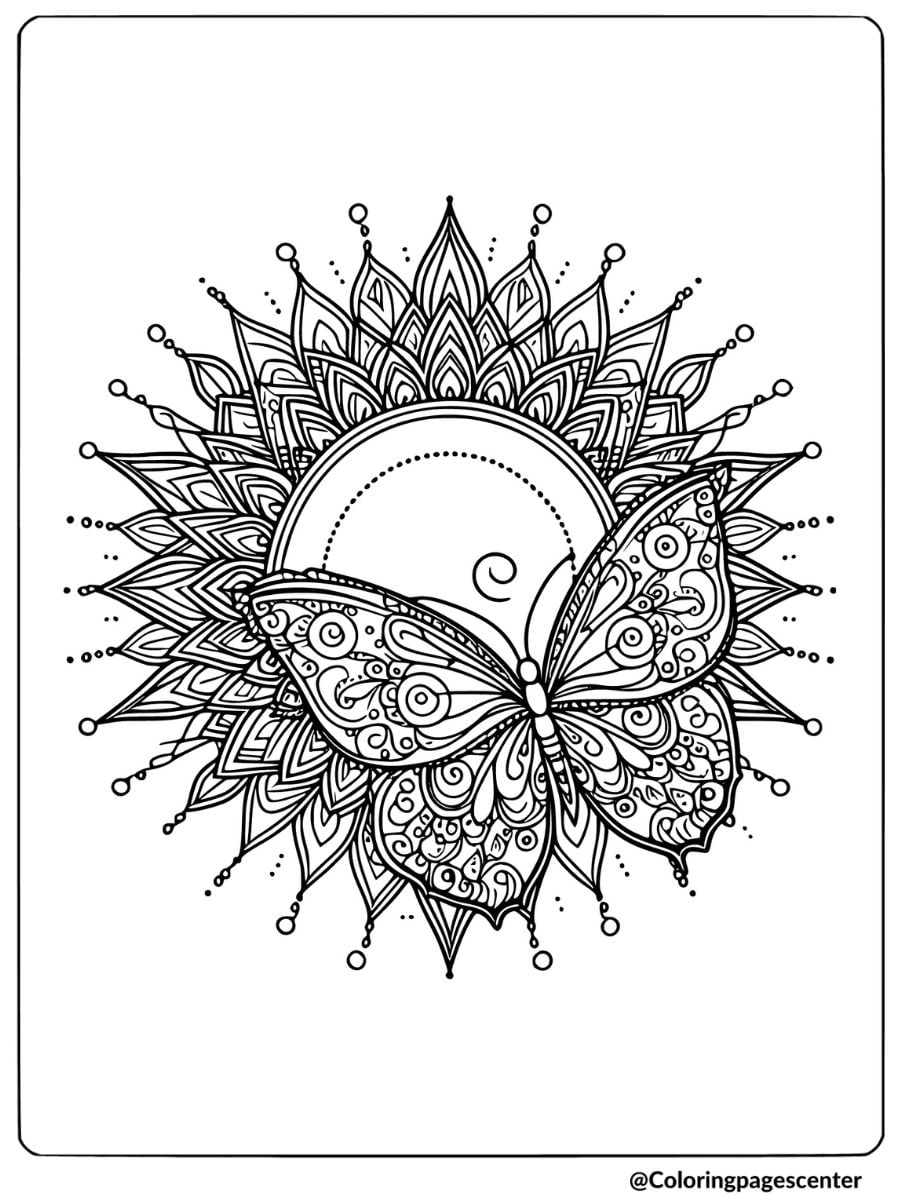 Butterfly mandala with sun design coloring page