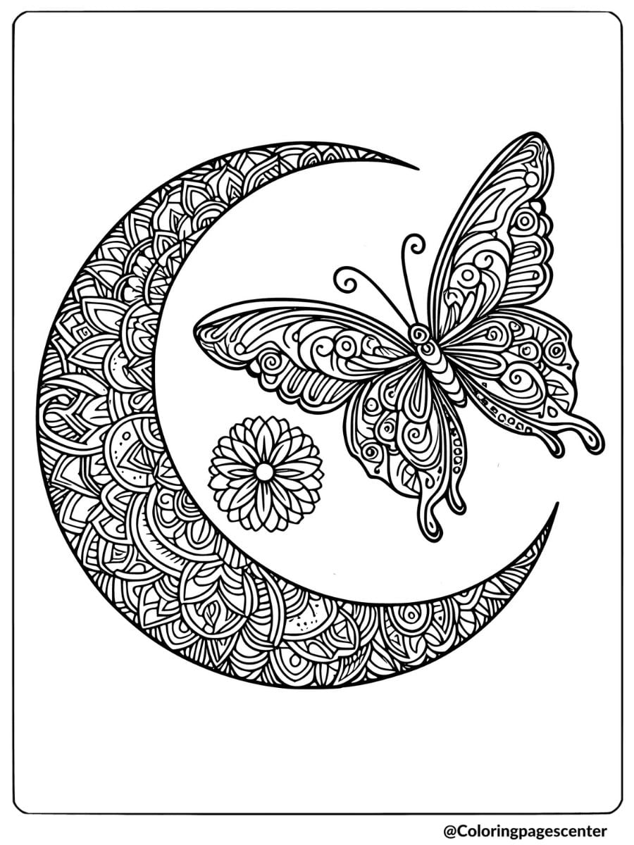 Butterfly mandala and crescent moon coloring page