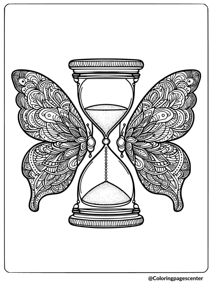 Butterfly mandala with hourglass coloring page