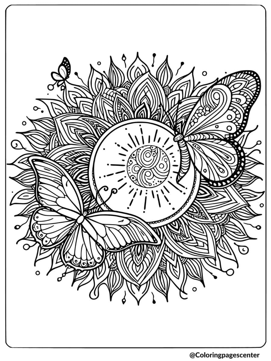 Two butterflies mandala with sun coloring page