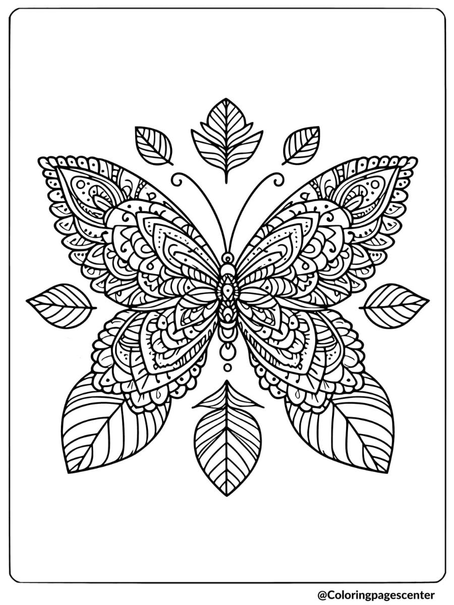 Butterfly mandala and floral with leaves coloring page