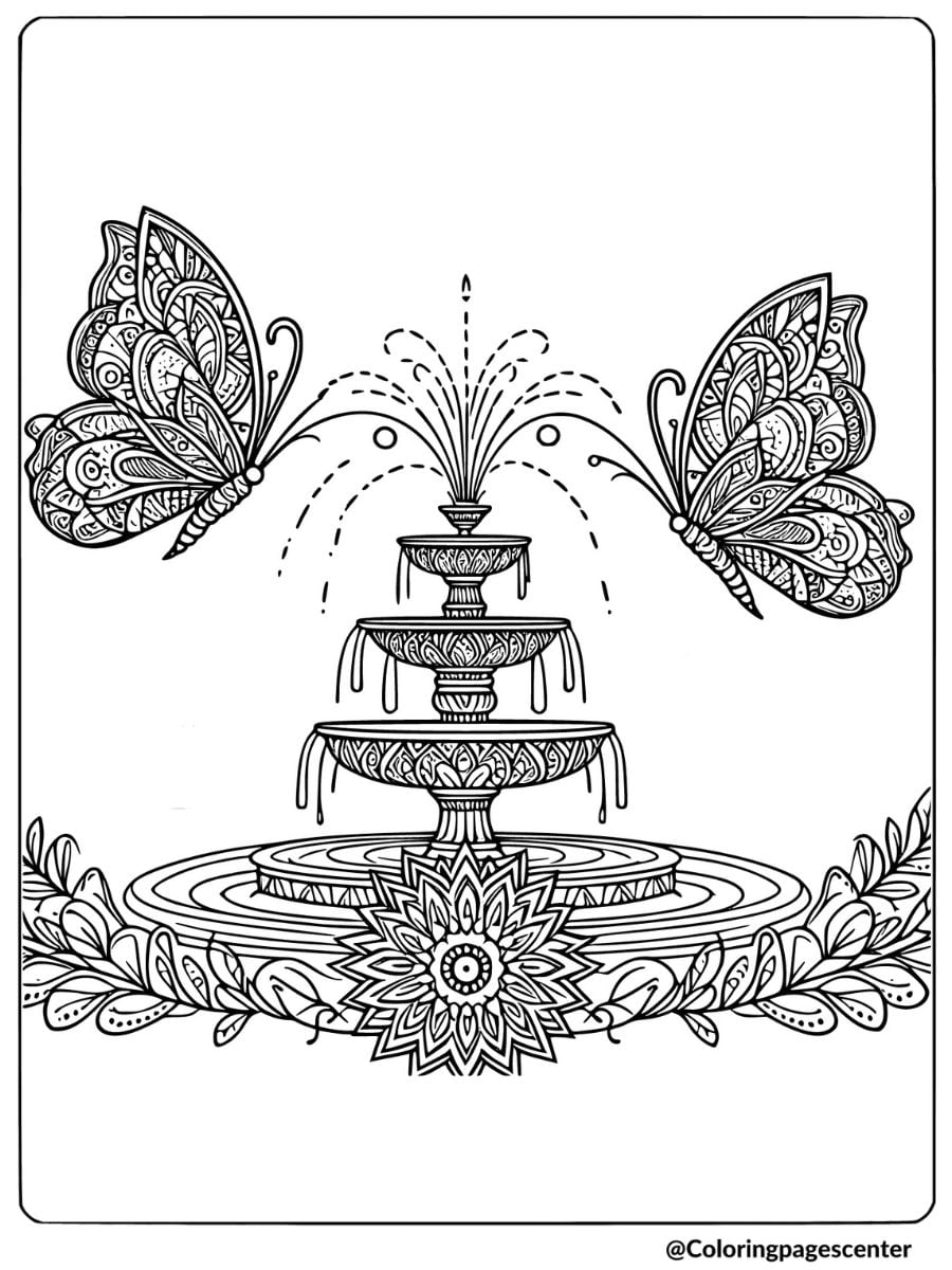 Butterfly mandala and fountain coloring page