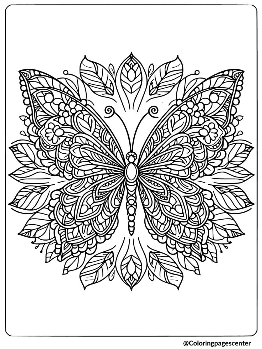 Butterfly mandala with leaves coloring page