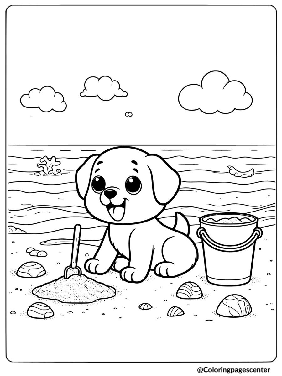 Cartoon puppy playing with sand at the beach coloring page