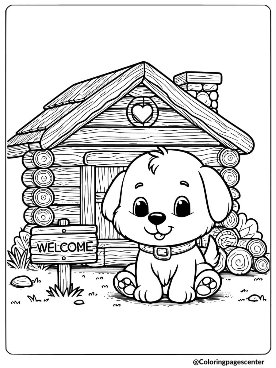 Cartoon puppy sitting in front of a cabin coloring page