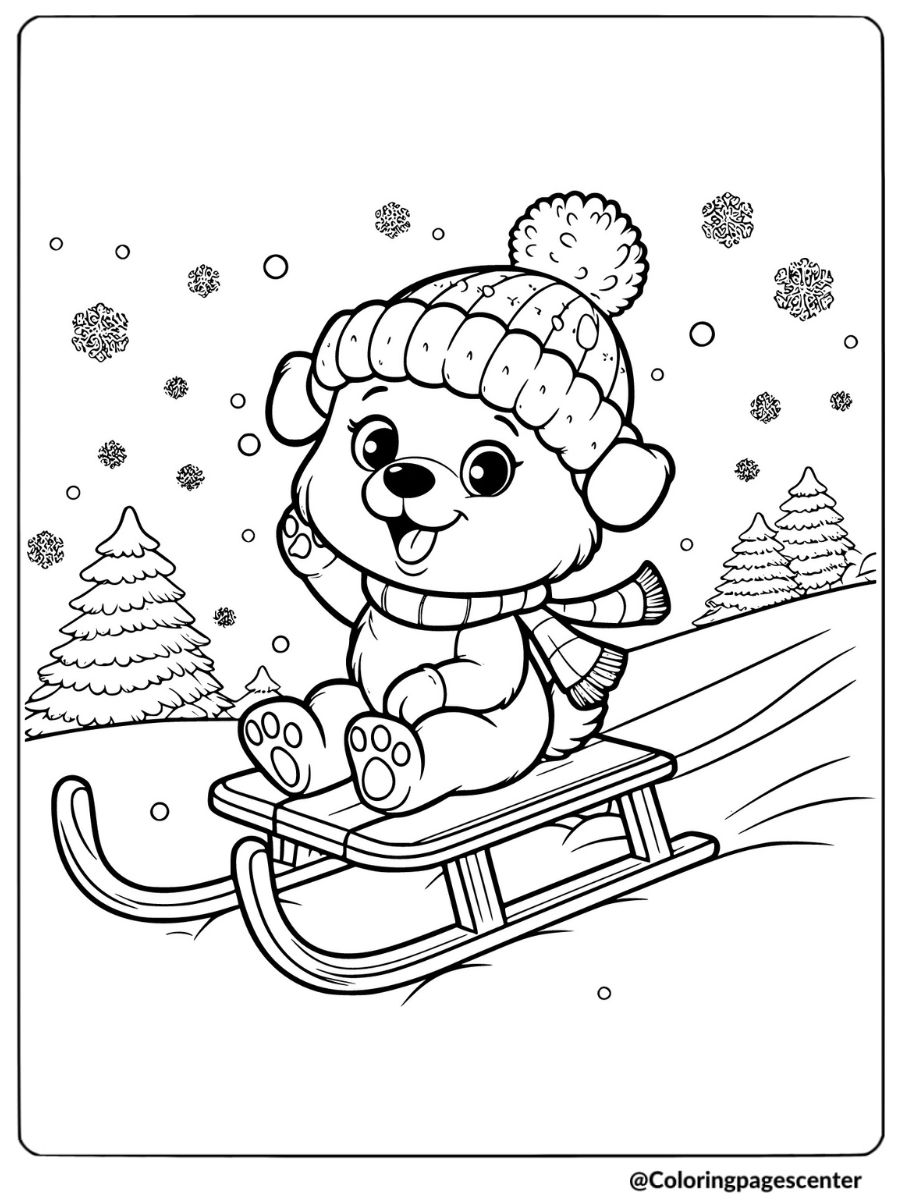 Cartoon puppy on a sled in winter coloring page