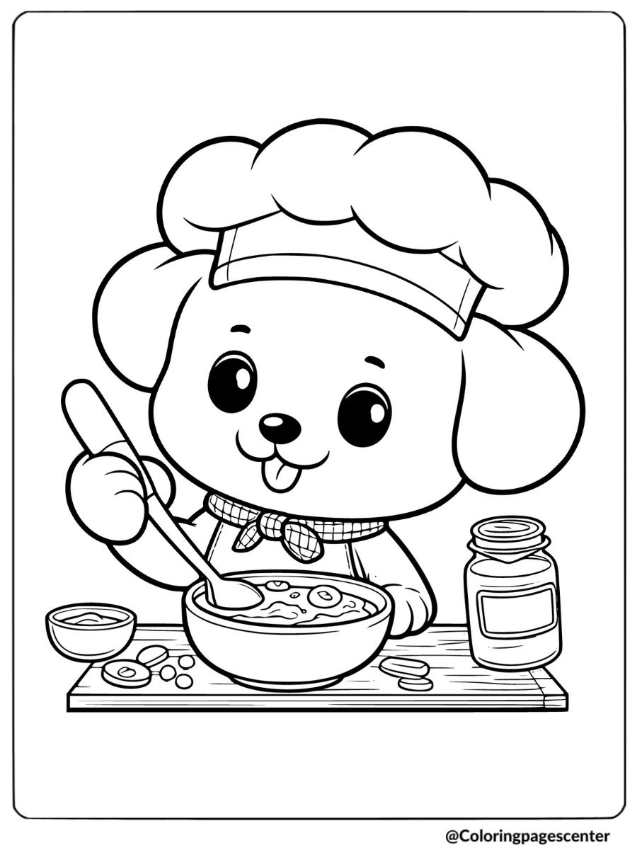 Cartoon puppy cooking with a mixing bowl coloring page