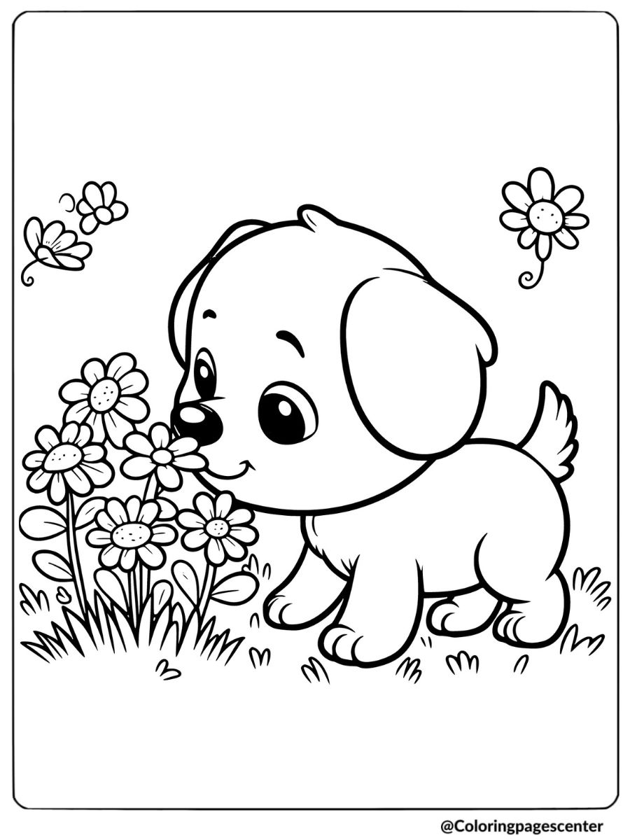 Cartoon puppy sniffing flowers in a garden coloring page