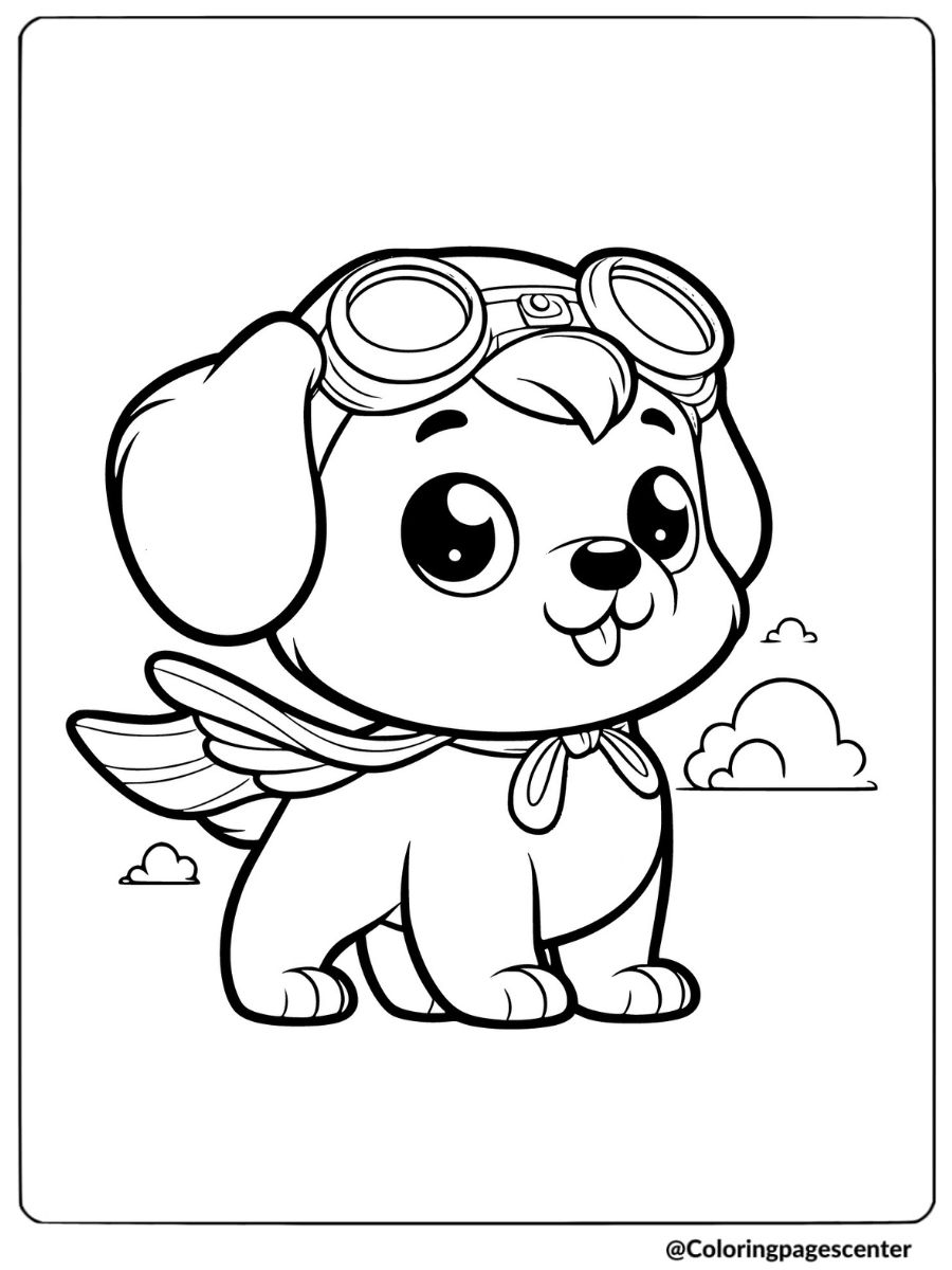 Cartoon puppy dressed as a pilot with goggles coloring page