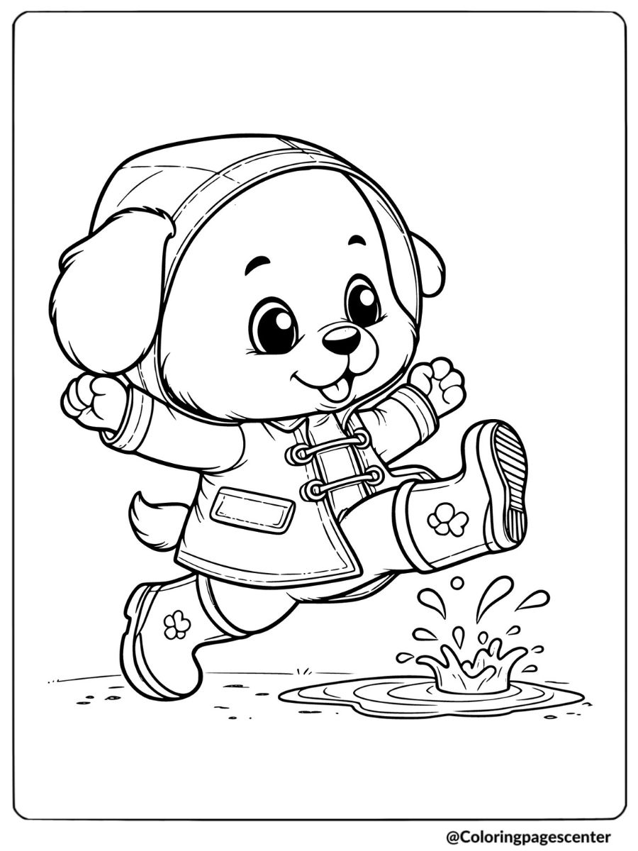 Cartoon puppy jumping in puddles in a raincoat coloring page