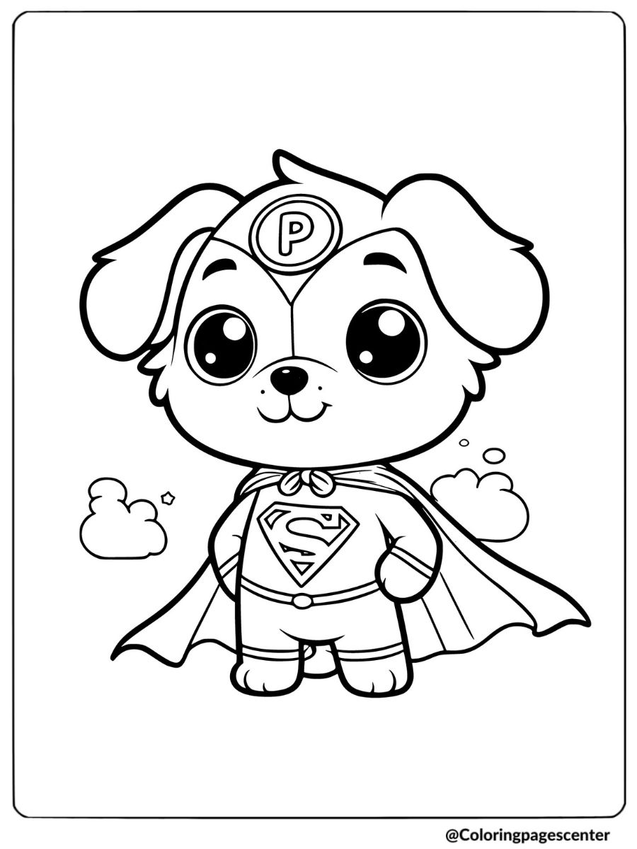 Cartoon puppy in superhero costume coloring page