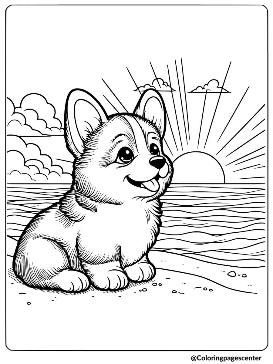 Corgi puppy watching the sunset coloring page