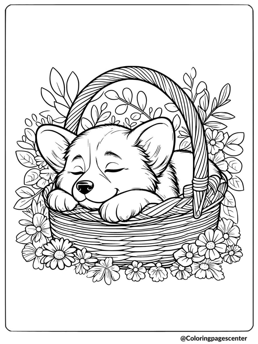 Corgi puppy sleeping in basket coloring page