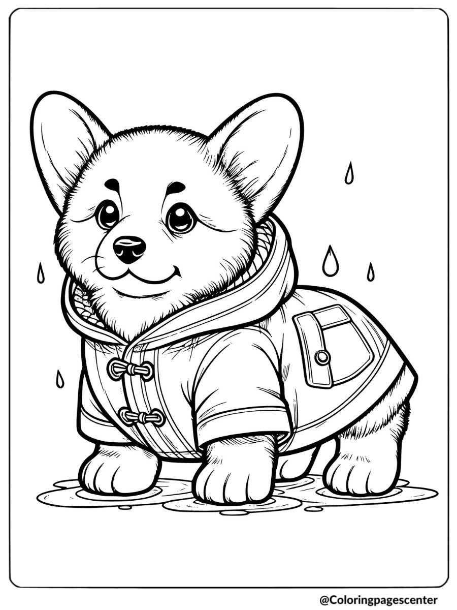 Corgi puppy with raincoat on coloring page