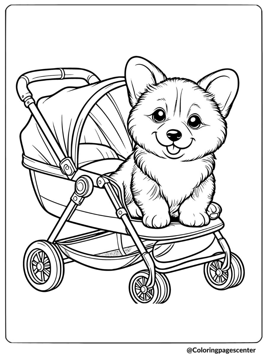 Corgi puppy riding a stroller coloring page