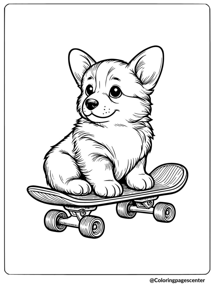 Corgi puppy riding skateboard coloring page