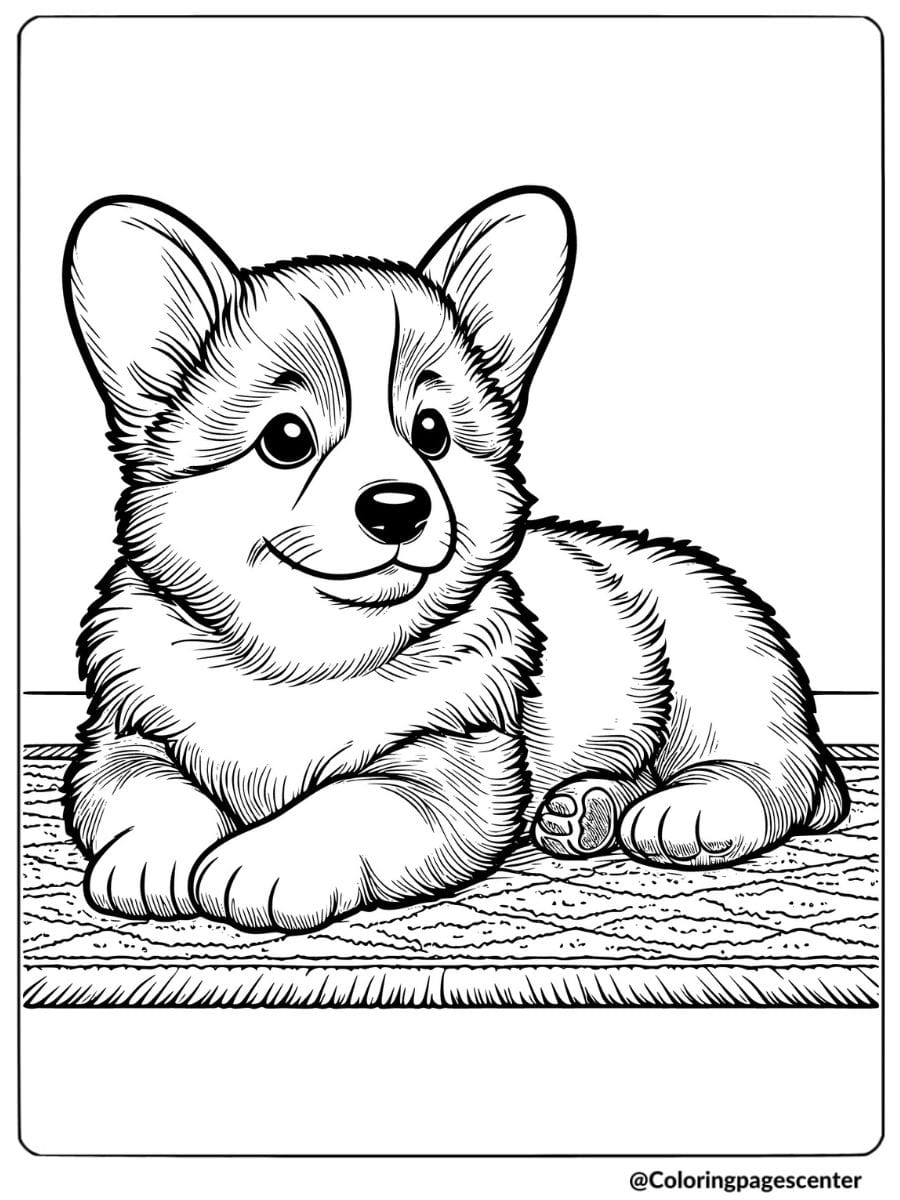 Corgi puppy relaxing on a mat coloring page