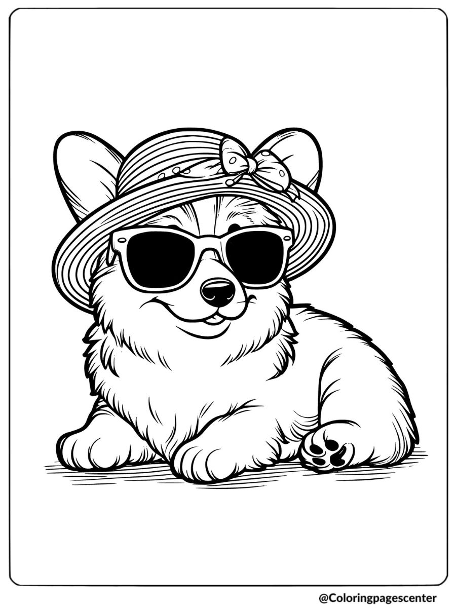 Corgi puppy in sunhat and shades coloring page