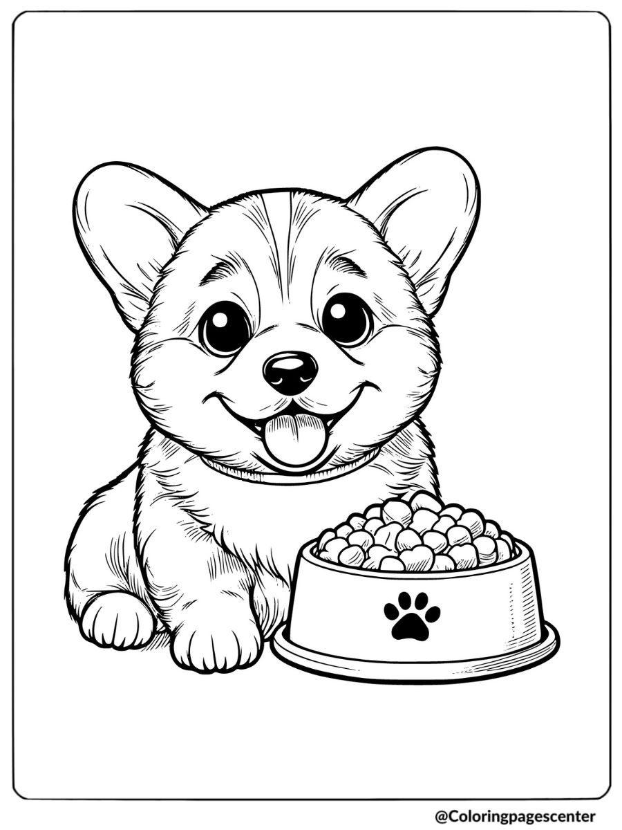 Corgi puppy next to food bowl coloring page