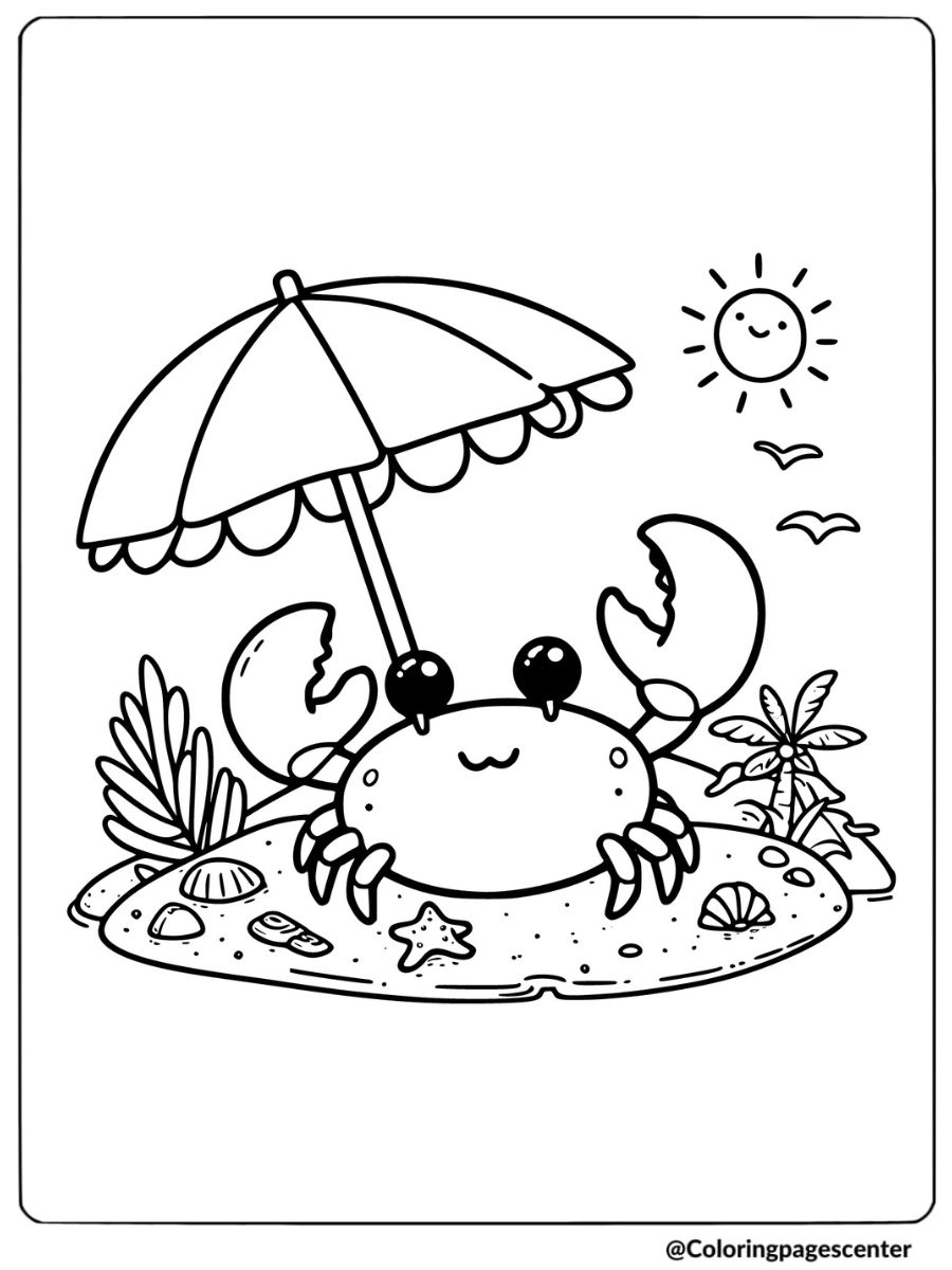 Crab on a beach with umbrella coloring page