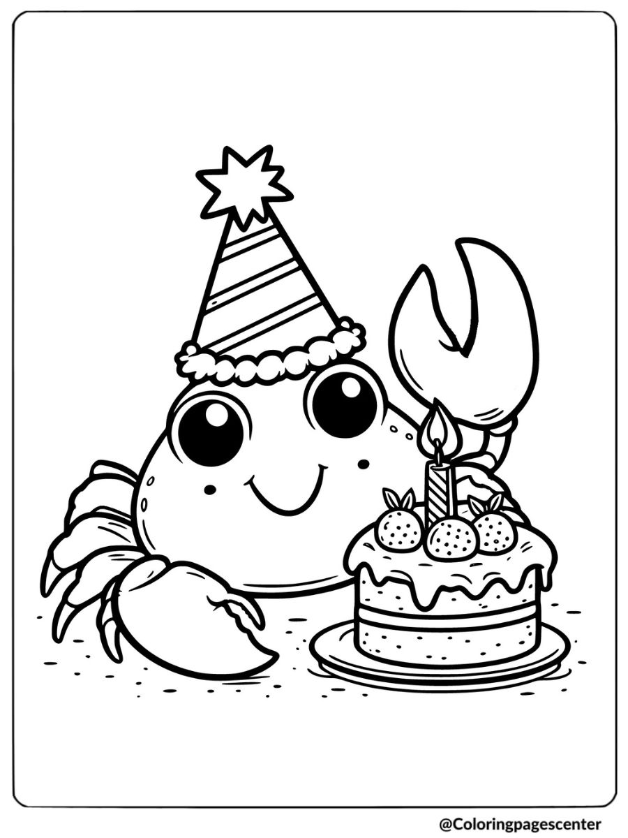 Crab celebration with cake and hat coloring page