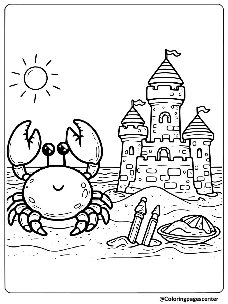 Crab with a sandcastle on the beach coloring page