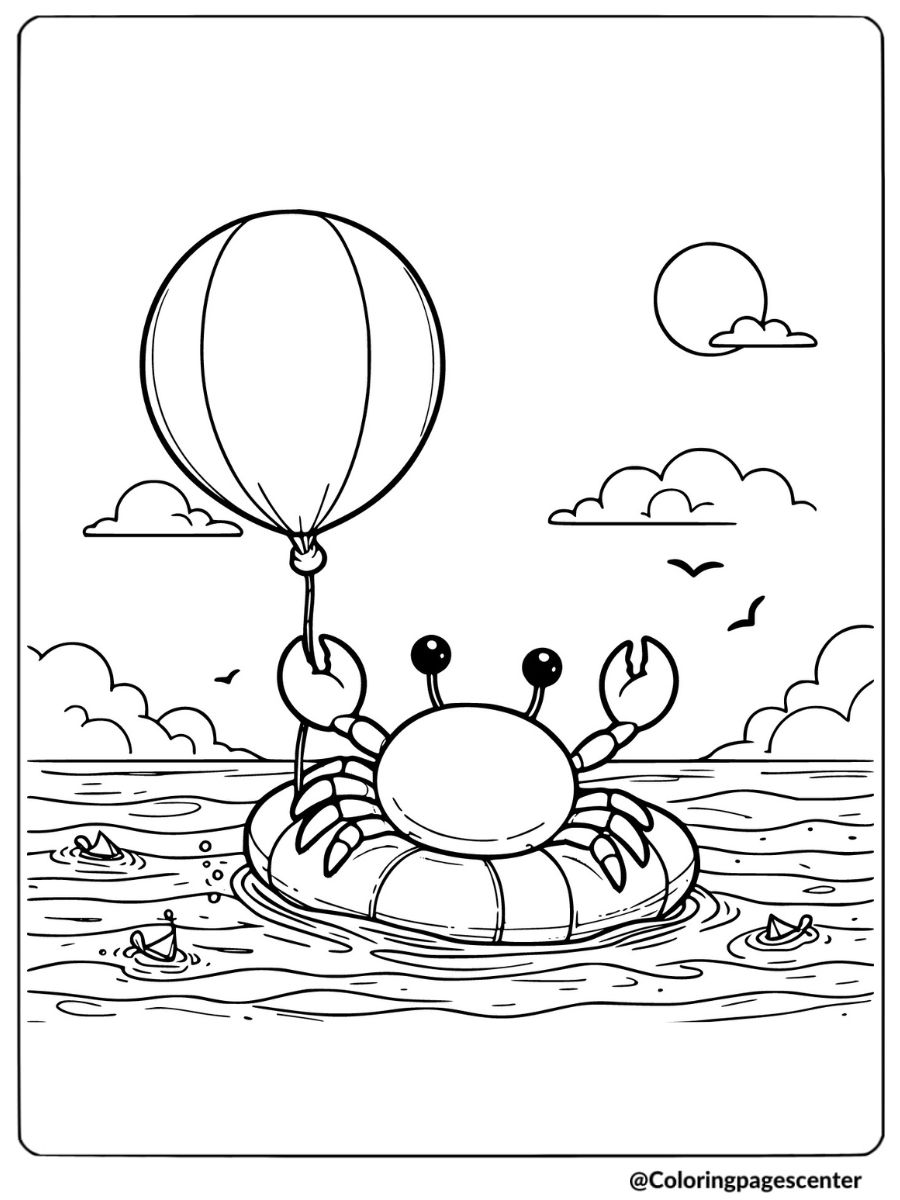 Cute crab holding a balloon on water coloring page