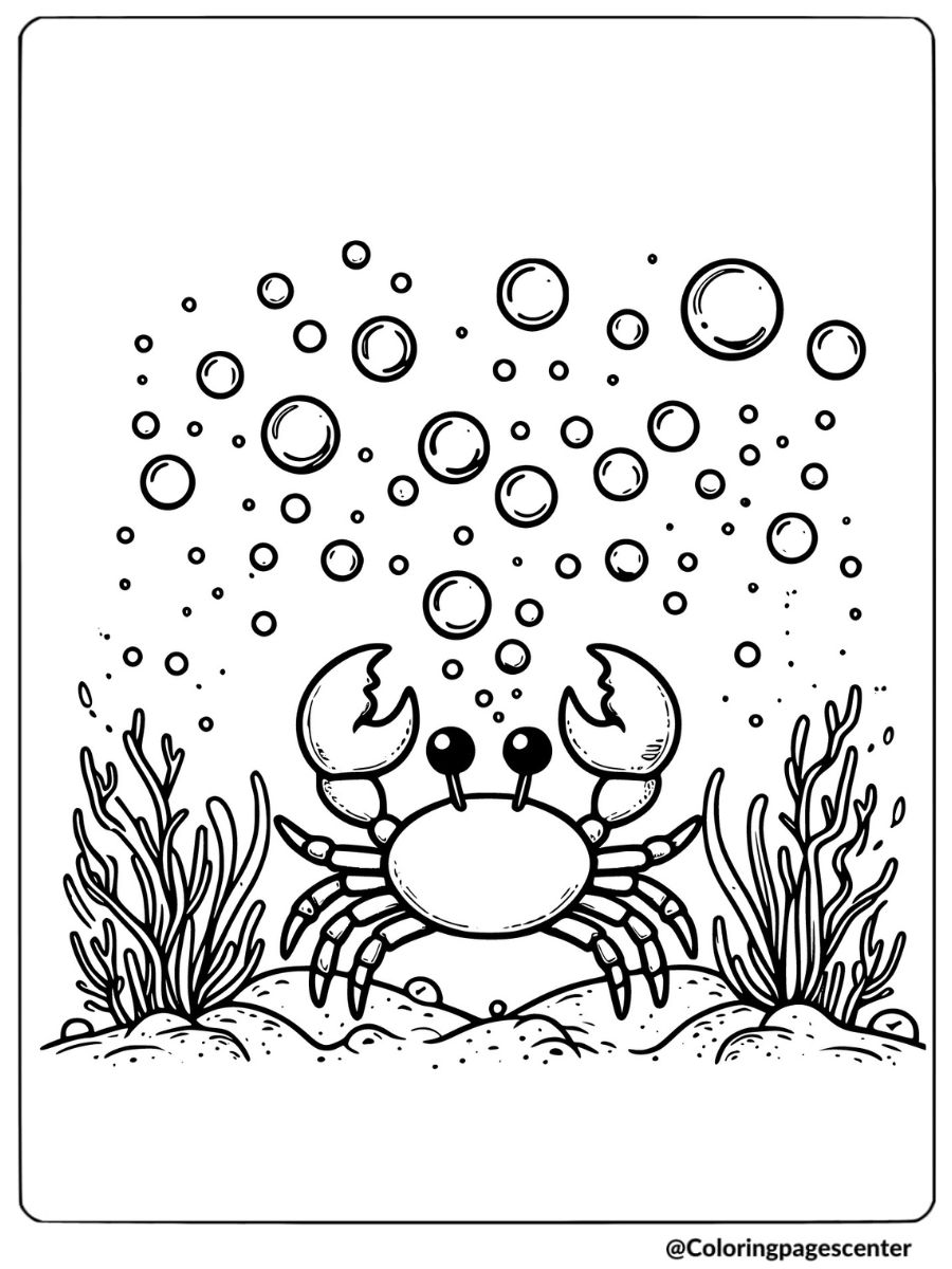 Crab underwater surrounded by bubbles coloring page