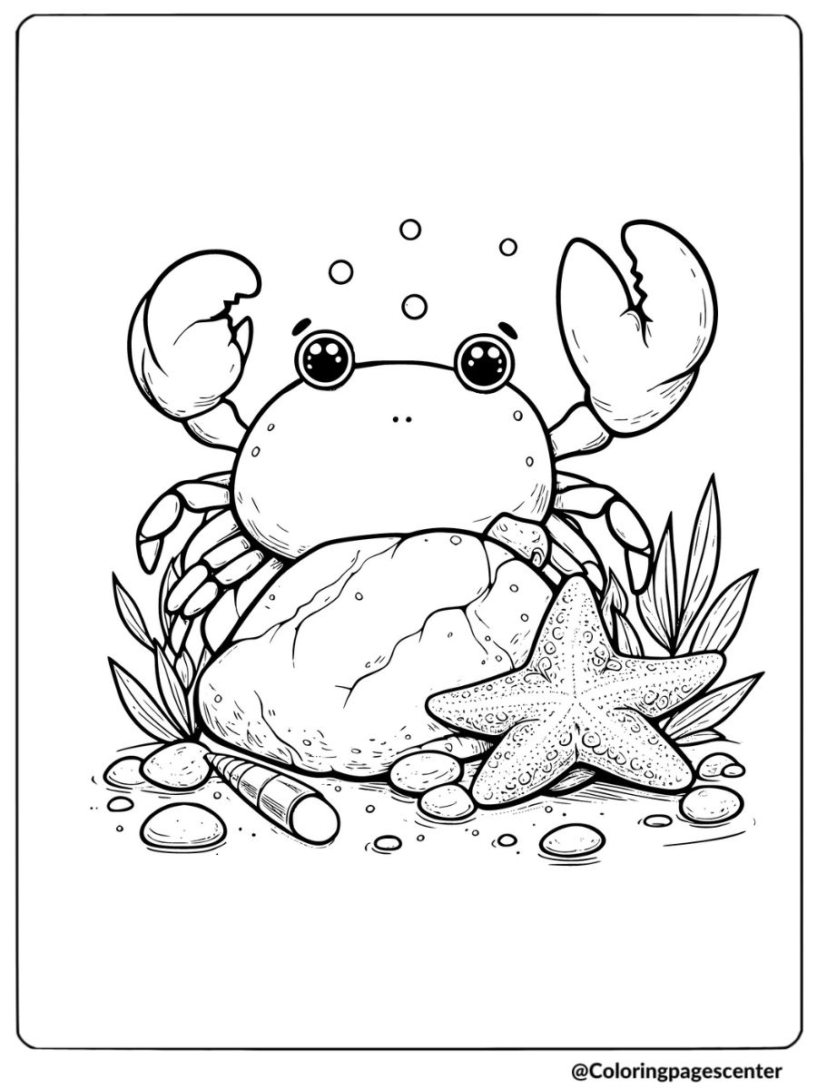 Cute crab with starfish and rocks coloring page