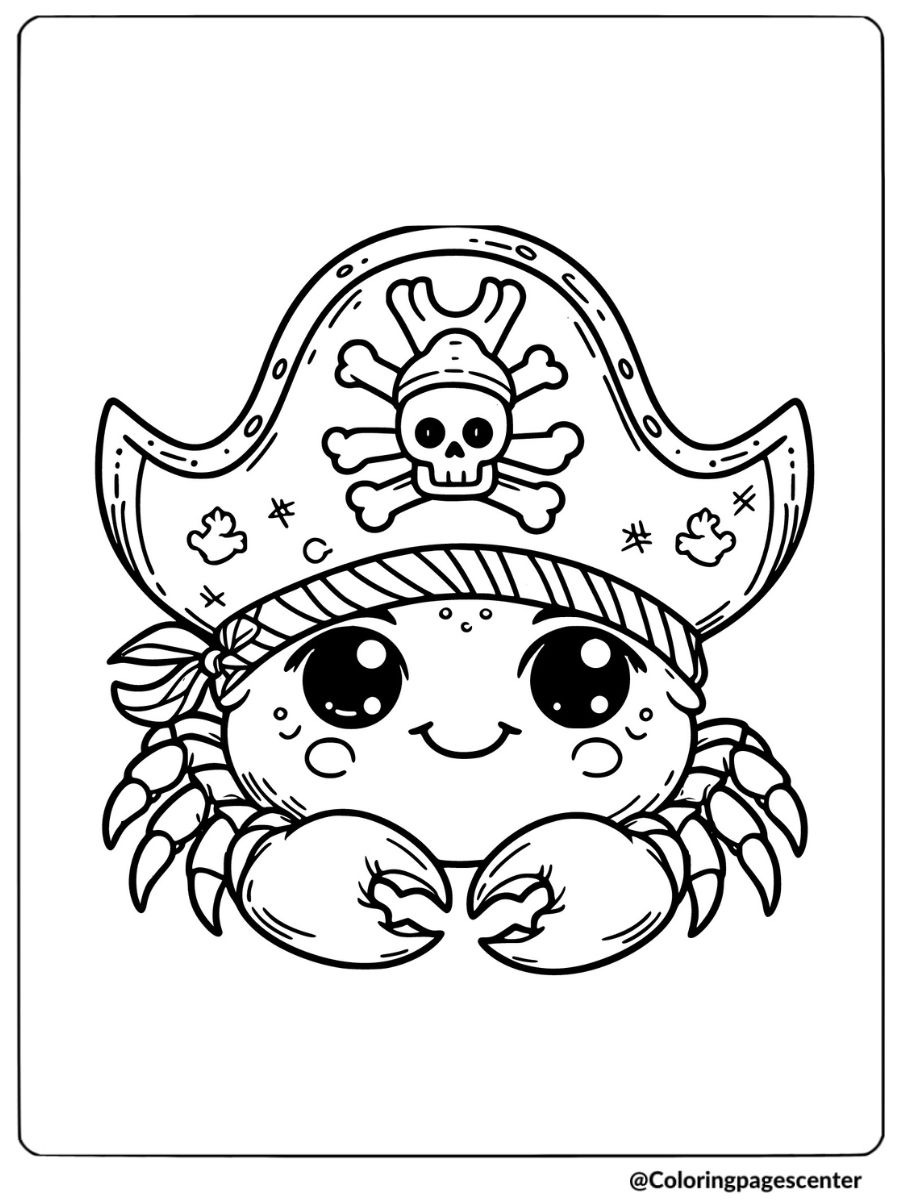 Cute pirate crab with a skull hat coloring page