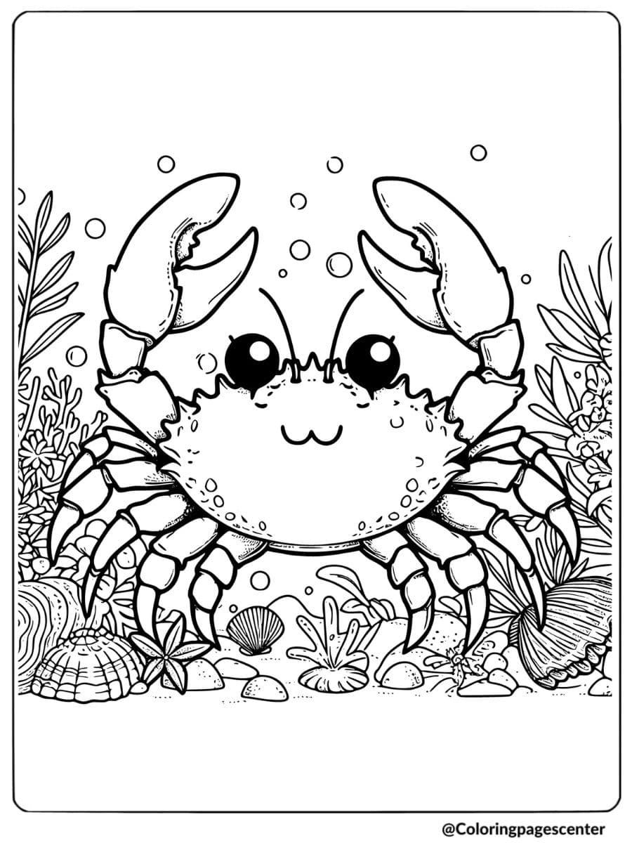 Crab with ocean plants and bubbles coloring page