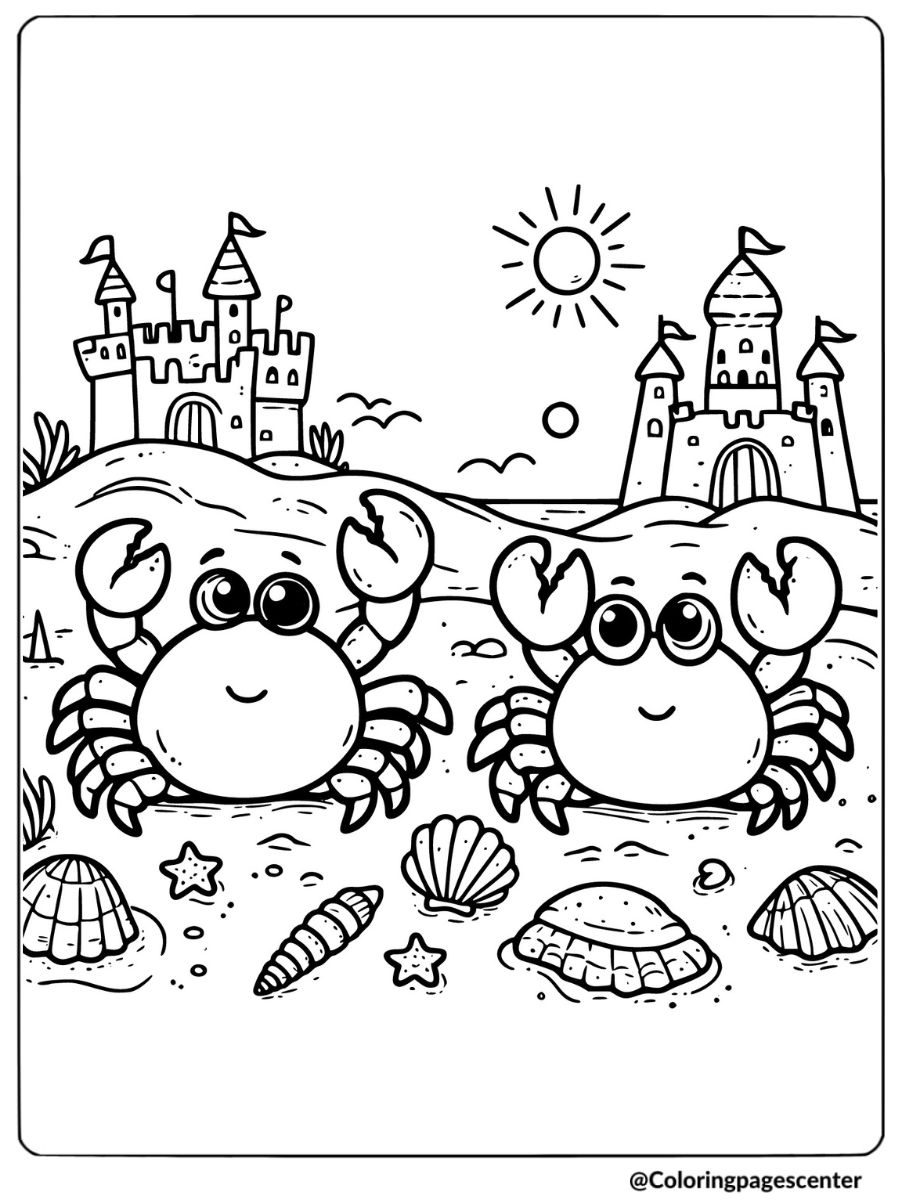 Two crabs with sandcastles on the beach coloring page