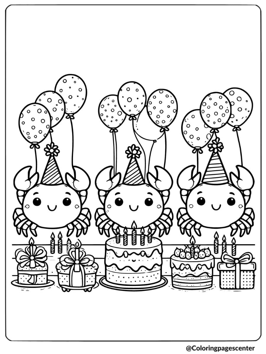 Crabs celebrating a birthday with cakes coloring page