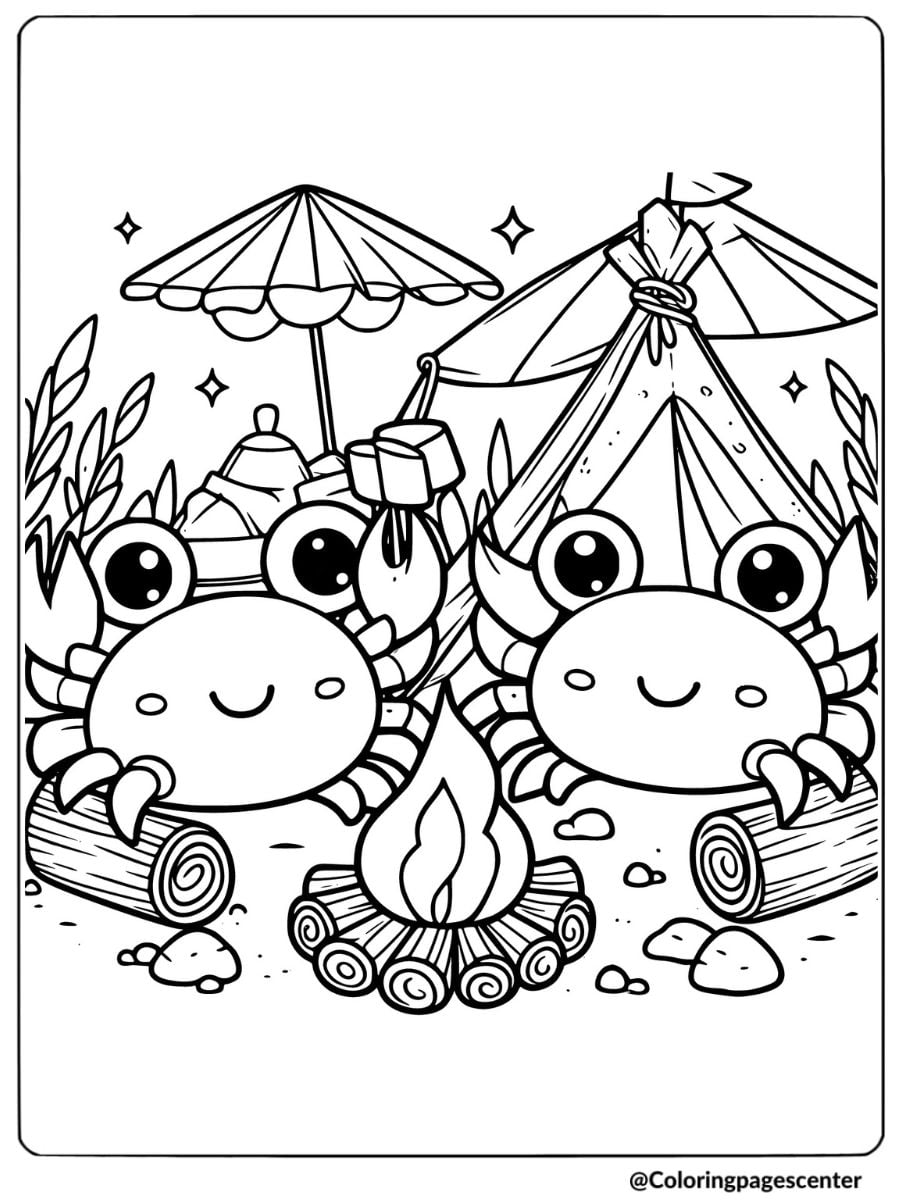 Two crabs camping with a bonfire coloring page