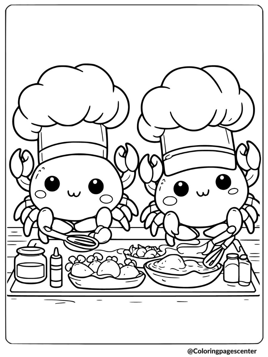 Crabs dressed as chefs cooking together coloring page