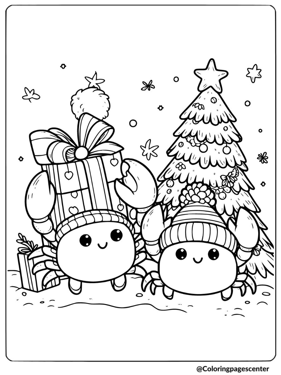 Crabs with presents and a Christmas tree coloring page