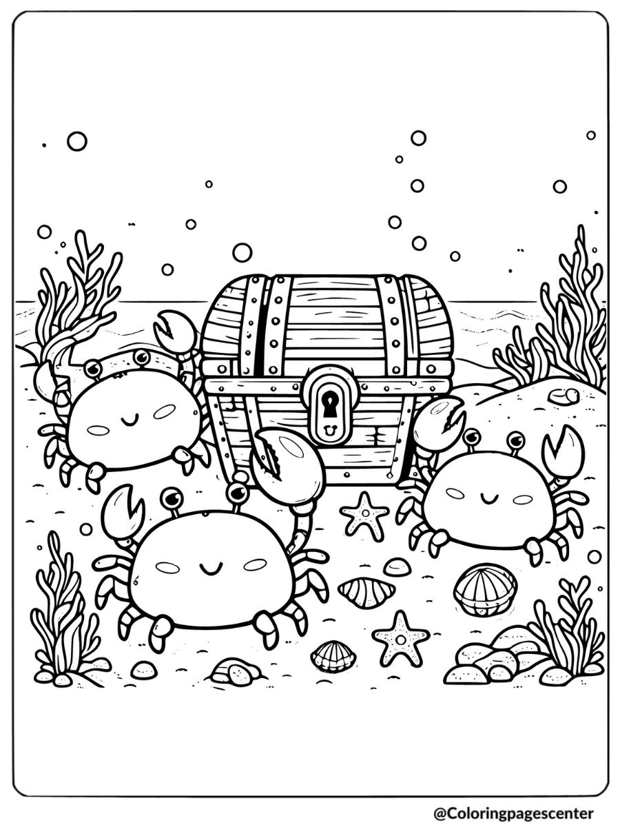 Crabs finding a treasure chest underwater coloring page