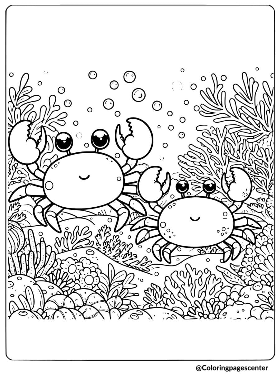 Crabs swimming among coral and bubbles coloring page