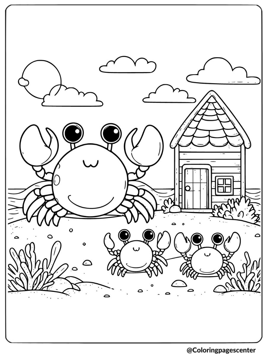 Large crab with smaller crabs by a house coloring page